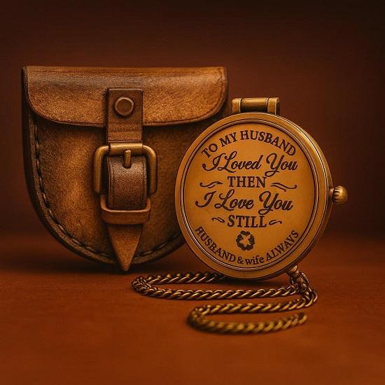 TO MY HUSBAND Gift of Love Engraved Brass Compass with Leather Cover