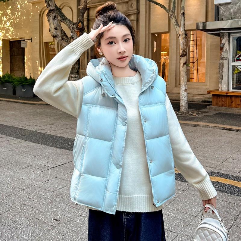Womens Casual Hooded Puffer Vest Fall Winter Loose Sleeveless Cotton Jacket Solid Color