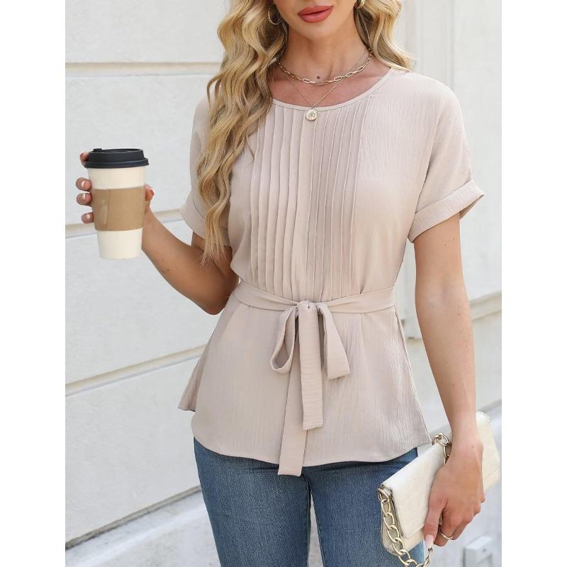 Camicia casual da donna, primavera ed estate, nuova, con volant, scollo rotondo, maniche corte, alla moda