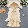 Summer Women V-neck Exquisite Gold Button Birthdays Party Knitted Sweater Long Slim Boycon Pencil Dresses