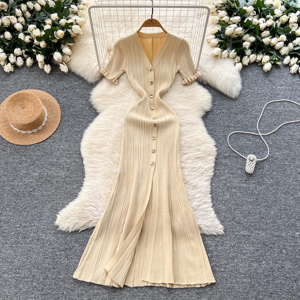 Summer Women V-neck Exquisite Gold Button Birthdays Party Knitted Sweater Long Slim Boycon Pencil Dresses