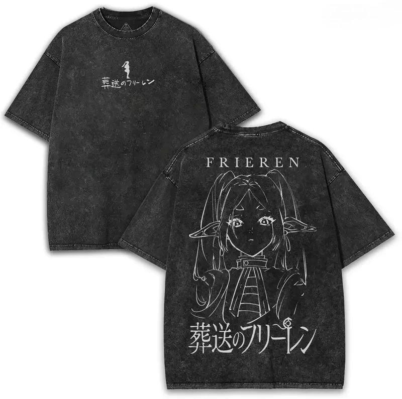 Maglietta Frieren Oltre la Fine del Viaggio Abbigliamento Anime Unisex T-shirt da Donna Manica Corta Maglietta Lavata Vintage Magliette in Cotone Top