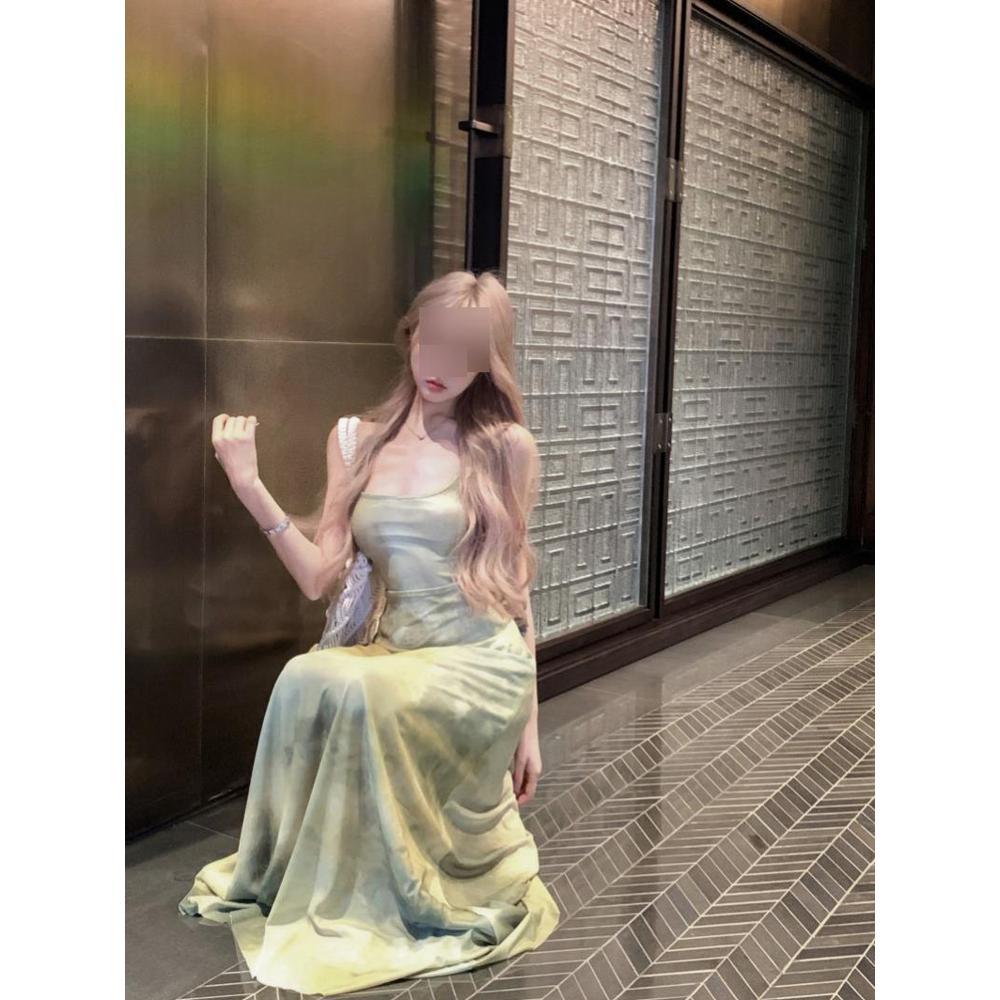 Retro tie-dye temperament suspender dress women's summer seaside vacation long dress temperament waist thin a word skirt