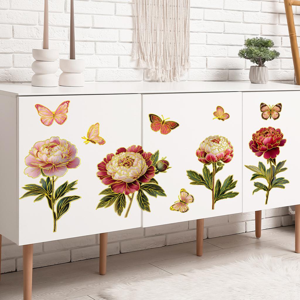 Tj9003 Hand-Painted Multi-Bouquet Flower Butterfly Bronzing Wall Sticker Decoration Living Room Bedroom Background Self-Adhesive Wall Sticker
