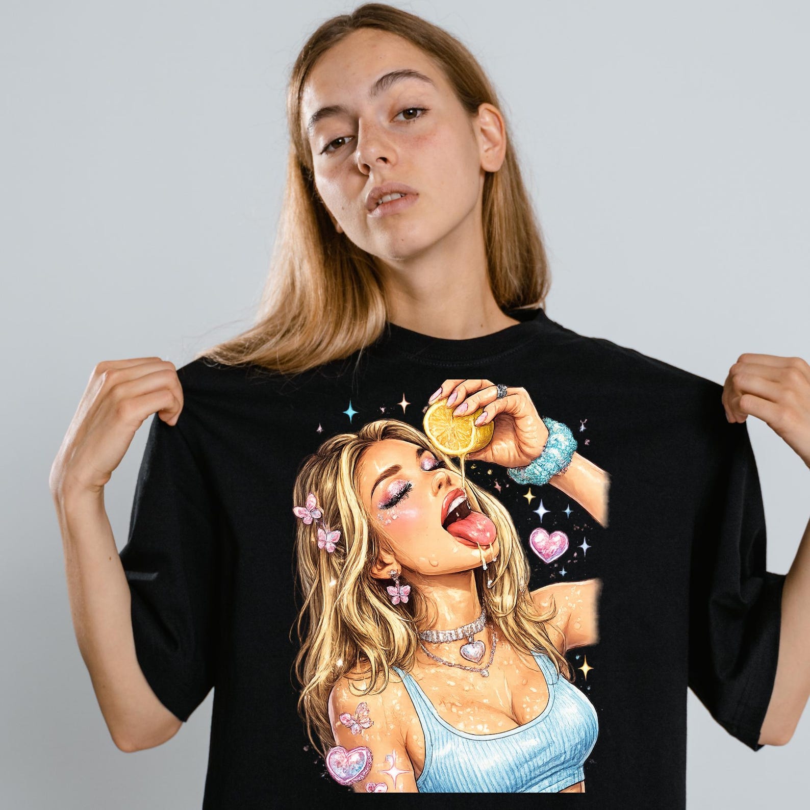 Graphic Tee: Pop Art Girl Lemon Squeeze Print, Retro Casual Shirt S