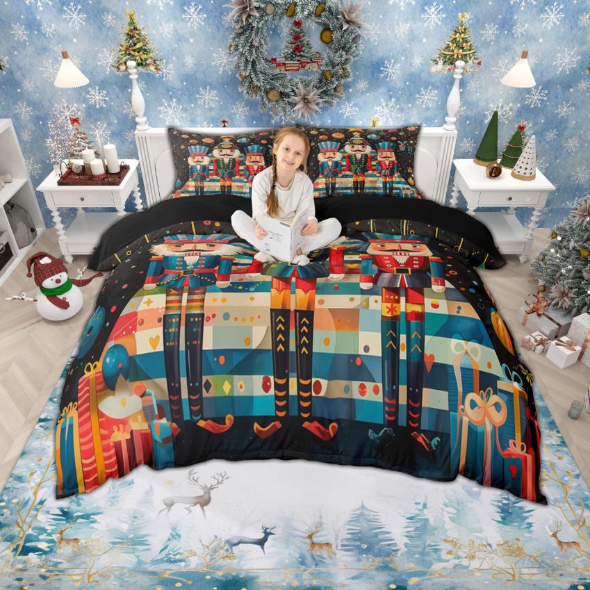 Homewish Cartoon Snowman Duvet Cover Set for Kids Children, Merry Christmas Xmas Bedding Set, Gingerbread Nutcracker Quilt Cover