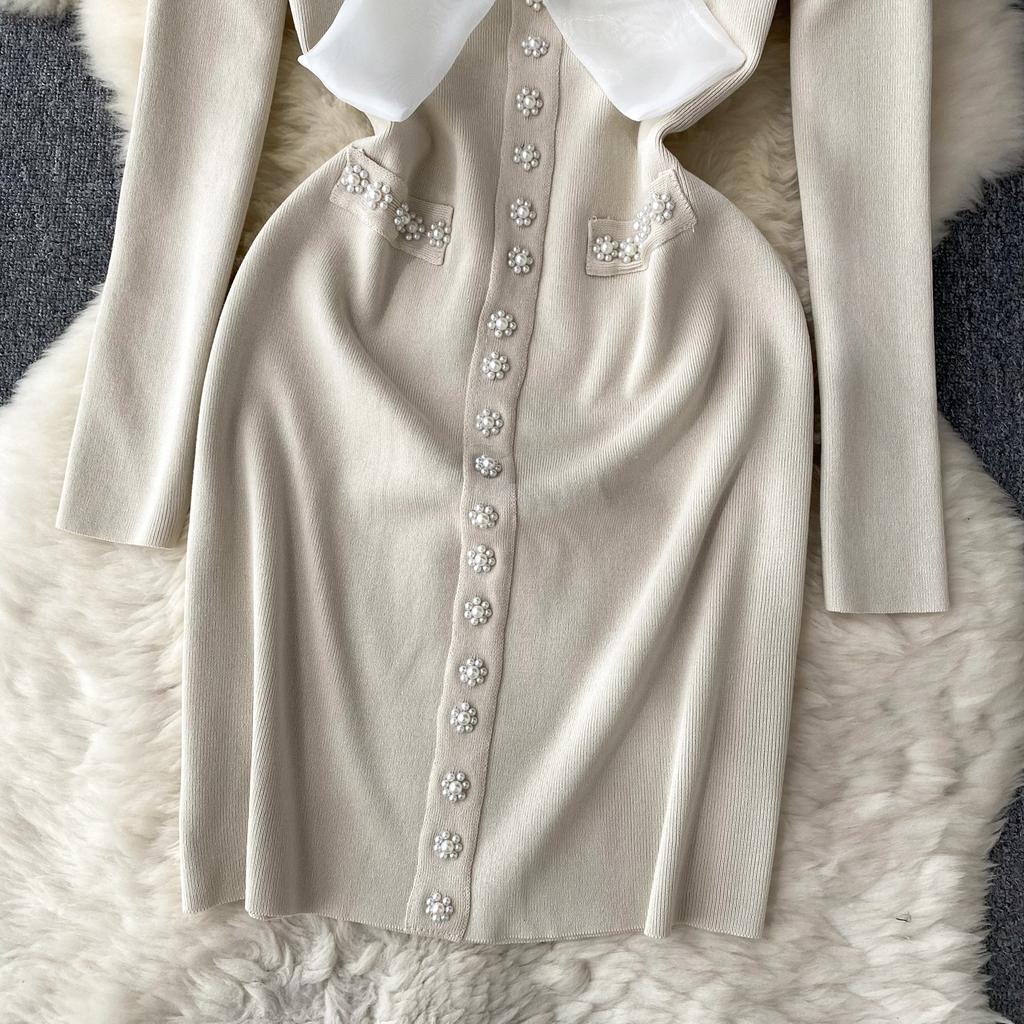 Elegant Bow High Waist Fashion Bodycon  Dress Long Sleeve Sexy Knit Elastic Tight Vestidos Autumn Winter Pencil Sweater Dress