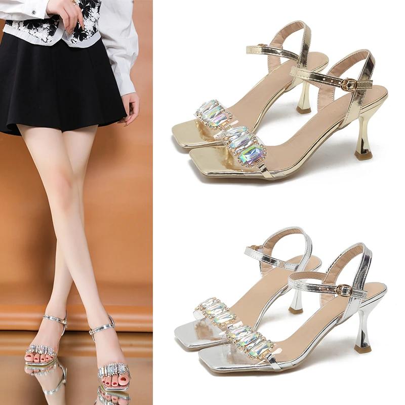 Fashion 2025 Summer Sparkling Crystal Wedding Shoes Fashionable High Heel Sandals Women's Ankle Strap Stiletto Party High Heels