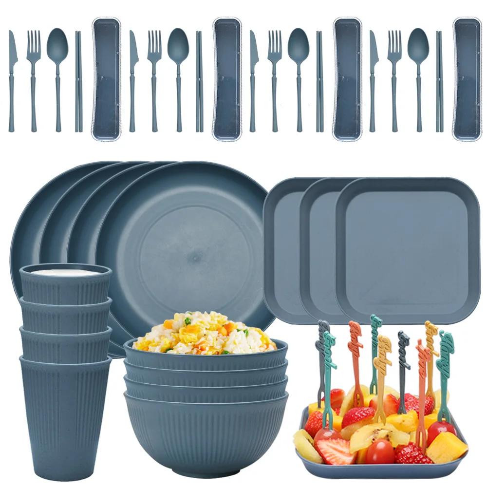 48pcs Plate Sets Eco-Friendly Wheat Straw Ramen Bowl Tableware Dinner Dishes Set Camping Tableware Set With Knife Fork Spoon