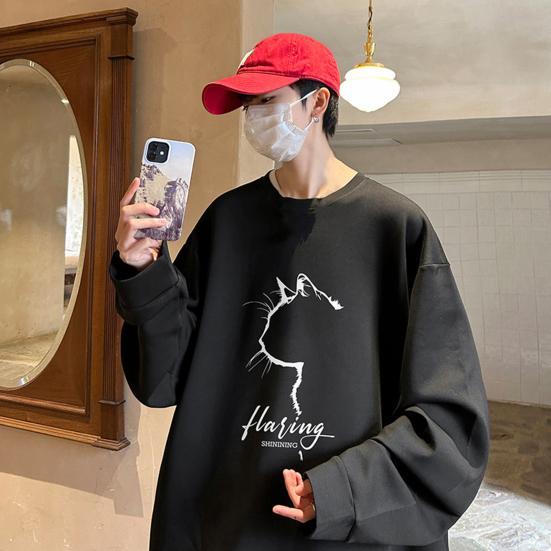 Pánská oversized mikina Hip-hop styl kočka Profil Potisk O Výstřih Volný Jednobarevný Silný plyš Pulovr střední délky Denní Sport Streetwear Top