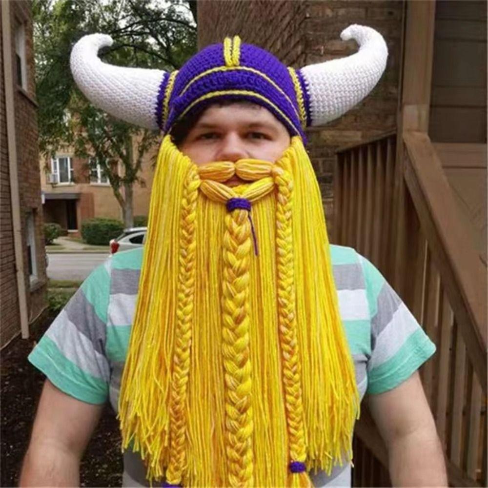 Hand Weave Bearded Funny Caps Funny Tricky Big Beard Mask Hat Viking Horn Hat Costume Accessory