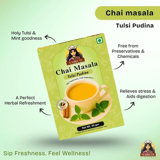 Nairuti Vyutpadan Tulsi Pudina Tee Masala Pulver 50g – Kräuter Chai Masala mit Basilikum & Minze | Reines & Natürliches Chai Gewürz | Winterimmunität