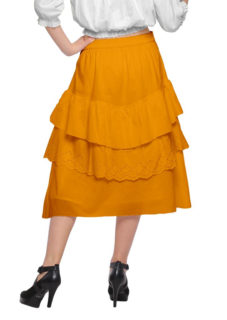 Moomaya Solid Cotton Skirts For Women Knee Length With Lace Belt Ruffle