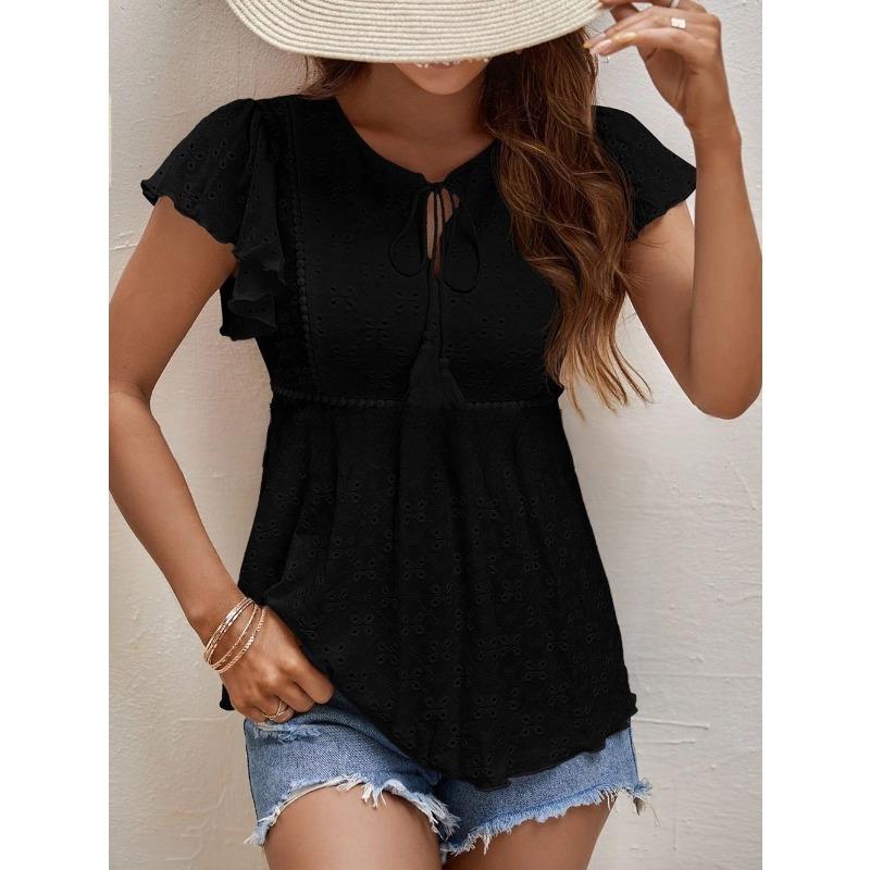 

YYFS женские модные повседневные летние весенние однотонные блузки и рубашки с короткими рукавами и круглым вырезом с принтом XXL чёрный