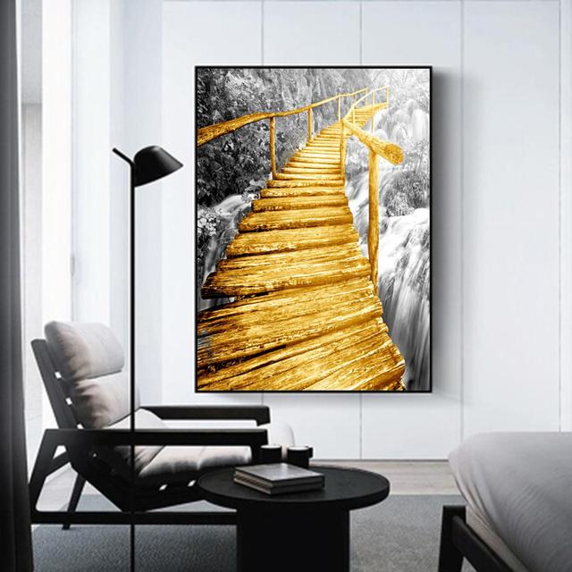 Golden Retro Natural Scenery Canvas Poster Nordic Boat Tree Lake Wall Art Modern Home Decoration Picture for Interior Paintings