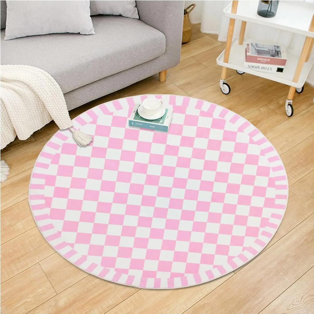 Checkerboard Plaid Round Carpet Geometric Floor Mat for Bedside Dorm Closet Dining Room Decor Soft Non-Slip Area Rugs Doormat