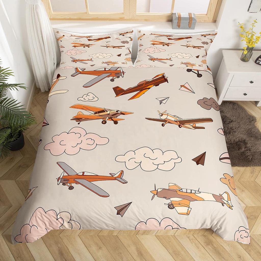 Flugzeug-Bettwäsche-Set (Queen- und Kingsize) mit Flugzeugmuster für Kinder (Jungen und Mädchen) – Bettbezug mit Luftfahrtmotiv