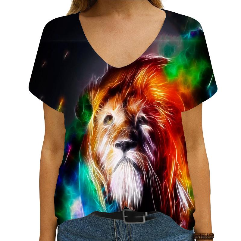 Summer Lion Print Trend 3d Women's V-neck Fashion Short Sleeved T-shirt