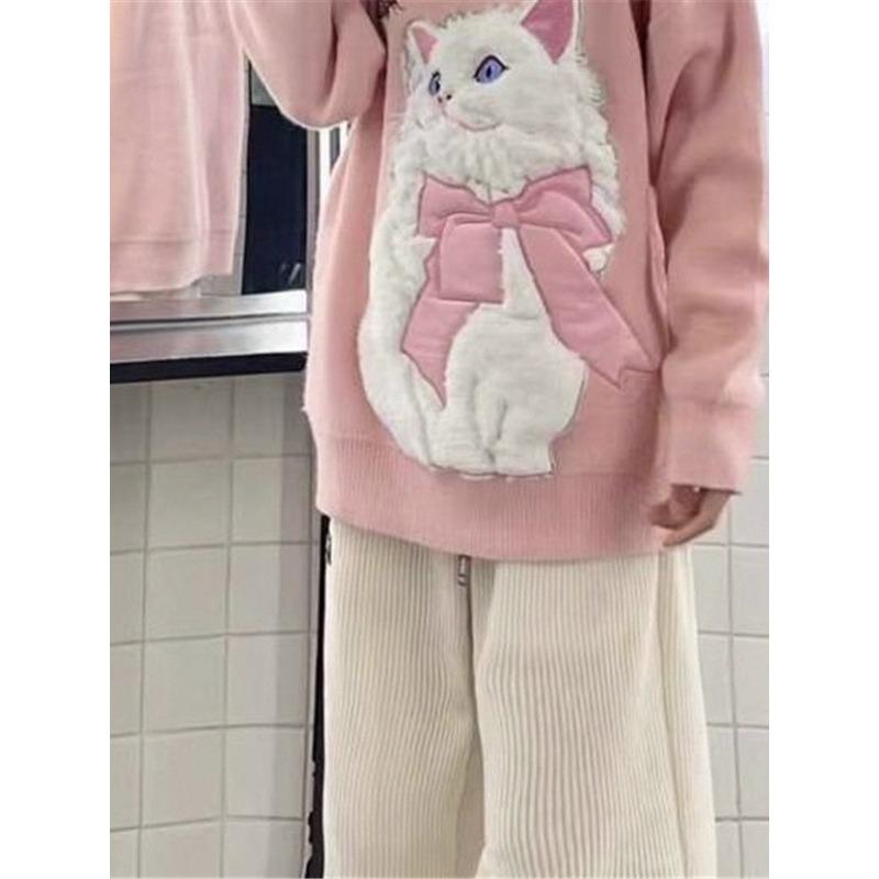 Cat Pattern Women's Sweater Cute Pink Pullover Knitted Sweaters Warm Fashionable Woman Oversized Loose Top