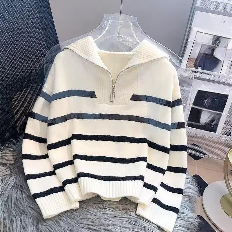 

Свитер, пуловер, женский весенне-осенний комплект нижнего белья в полоску на молнии, короткий стильный популярный женский свитер премиум-класса one size бежевый