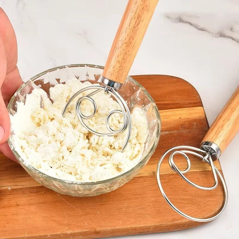 New Stainless Steel Dough Blender Coil Design Wooden Handle Flour Blender Ergonomic Eggbeater Tool Kitchen Baking