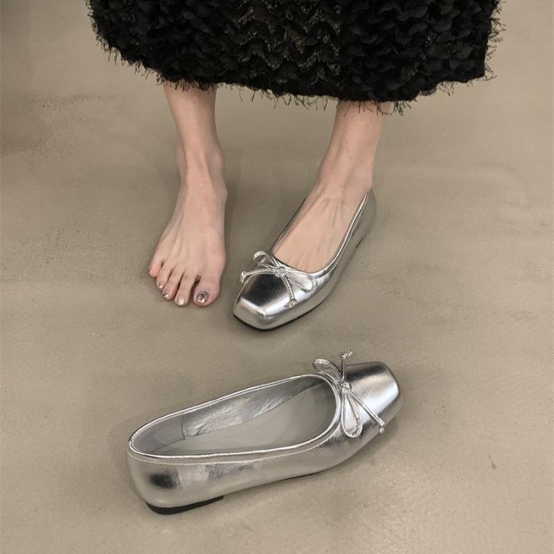 Fashion Women Flats French Square Toe Leather Single Shoes 2025New Casual Flats Elegant Bow Ballet Shoes for Women Loafers Zapatos Mujer