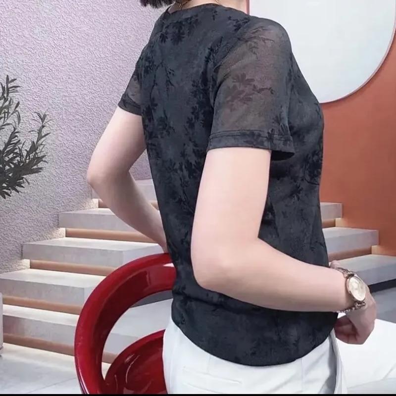 Women's Sheer Mesh Floral Print Short Sleeve T-Shirt Casual Slim Fit See Through Top for Daily Wear