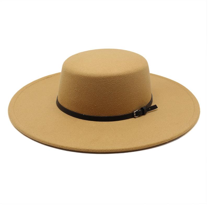 Autumn and winter new flat-top large brim woolen top hat ins wind versatile wool felt hat dame hat cm