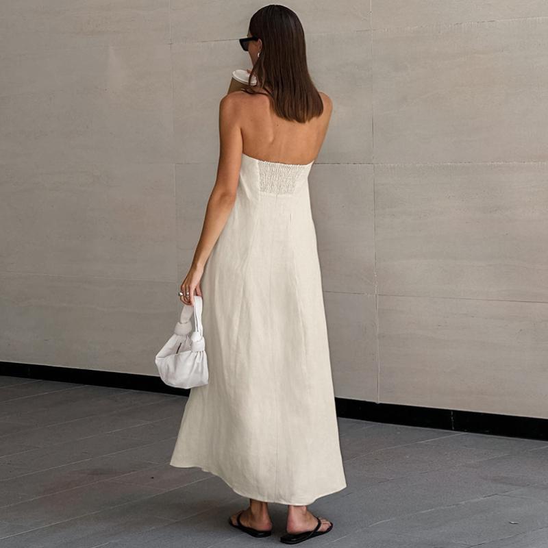LYRIA French Khaki Cotton Linen Strapless Vacation Style High-waist Dress Backless European and American Summer New Style Long Dress for Women