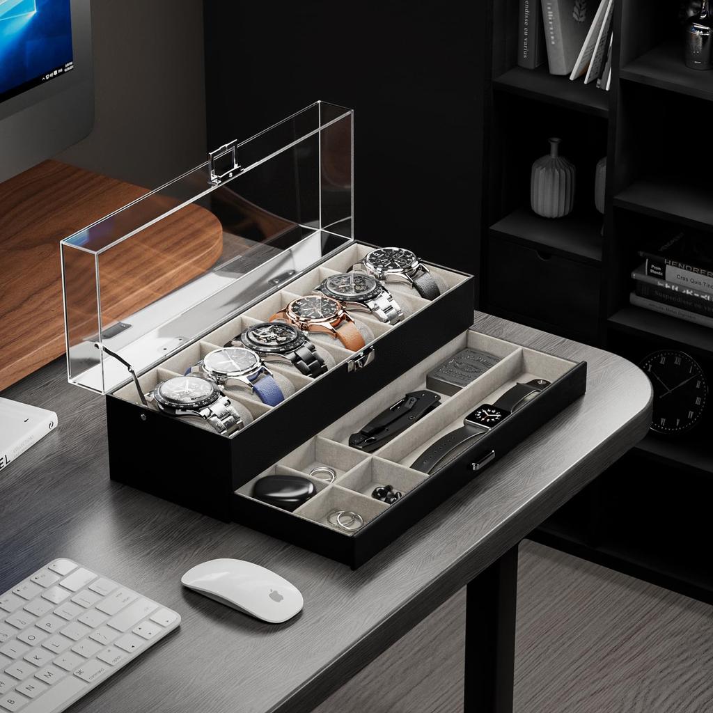 ProCase Montre Peut contenir 6 ou 10 Montre Vitrine avec Couvercle en Acrylique Transparent et Organisateur pour Montres Étui pour Homme, Montres, Tiroir à 2 Niveaux, Homme
