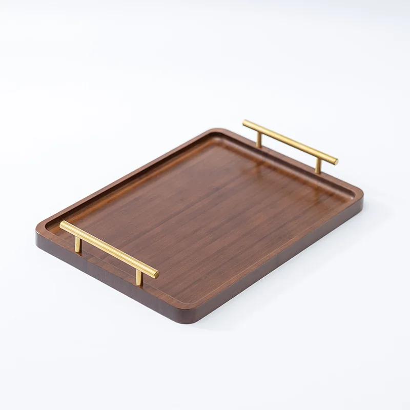 Vintage Nanmu Bamboo Tea Tray with Dual Metal Handles Kosher Je New Year & Festival Serving Platter for Cups/Cakes