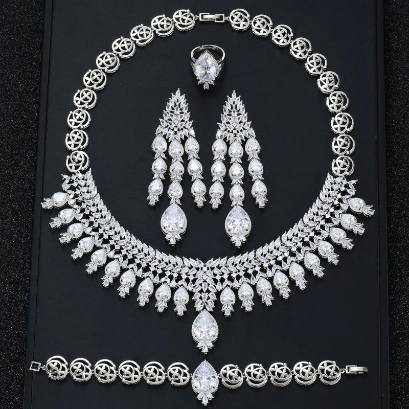 Bridal Zircon Necklace, Earrings, Bracelet, Ring Set, Exaggerated Luxury Four-piece Wedding Dress Accessories