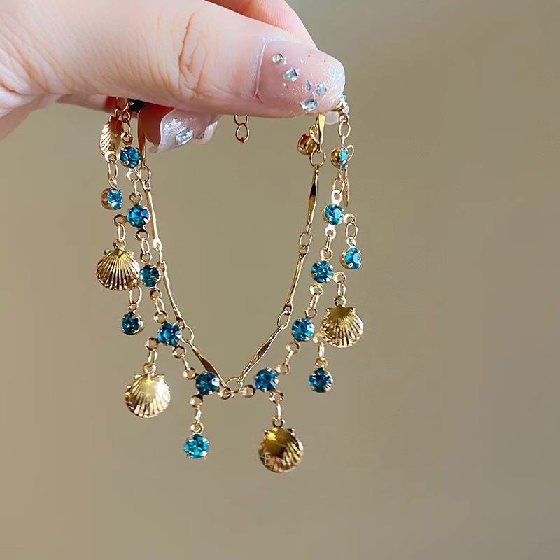 Gold Color Chain Shell Necklace Blue Tear Crystal Choker Necklace Bracelet For Women Summer Wedding Party Jewelry