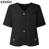 VONDA Women V Neck Short Sleeve Buttons Up Casual Elegant Cropped Blouse