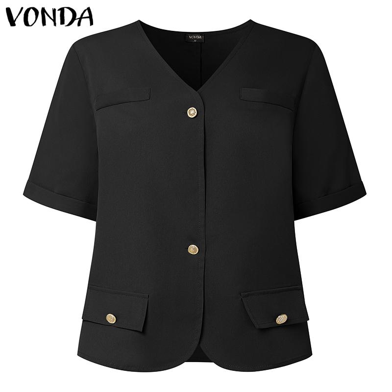 VONDA Women V Neck Short Sleeve Buttons Up Casual Elegant Cropped Blouse