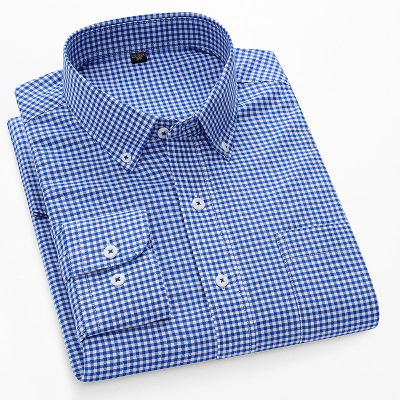 Langarm-Hemd aus reiner Baumwolle mit Karomuster, gestreift, für Geschäftsleute, Herbst, Frühling, normale Passform, Knopfkragen, pflegeleicht, bügelfrei