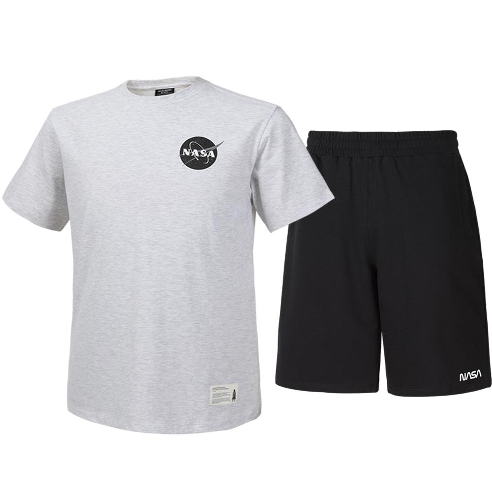 Nasa Unisex Cotton Blend Training T-Shirt + Knee-Length Cotton Shorts Set [Melange White + Black] 95