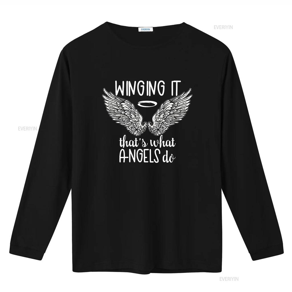 Womens Angel Wings Winging It Thats What Angels Do Spiritual Quote T Shirt Black Vintage Washed Slightly Homme Stretched