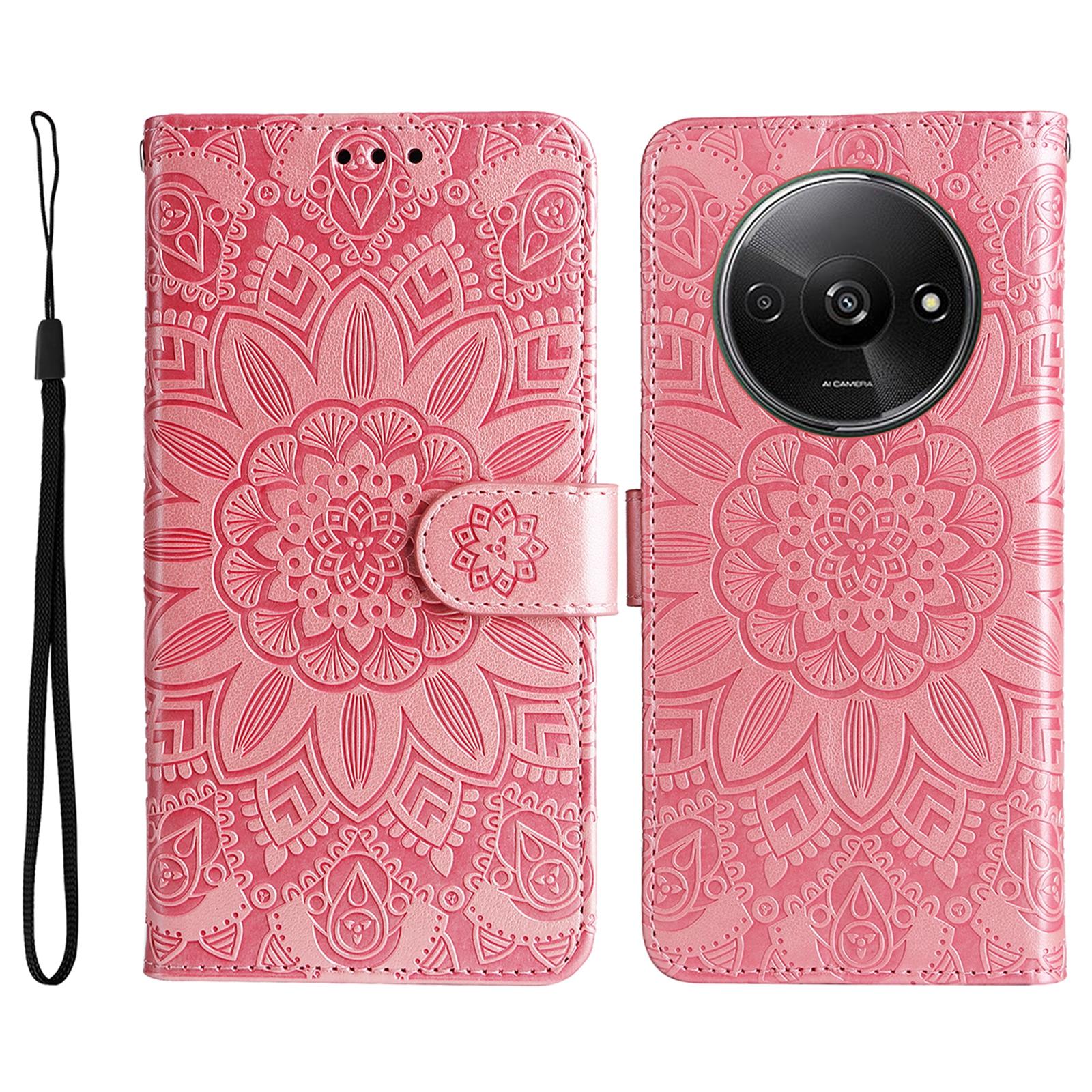 

Для чохла мобільного телефону Xiaomi Redmi A3/Poco C61 4G чохол-книжка з квітковим принтом і підставкою, зі зручним ремінцем Pink