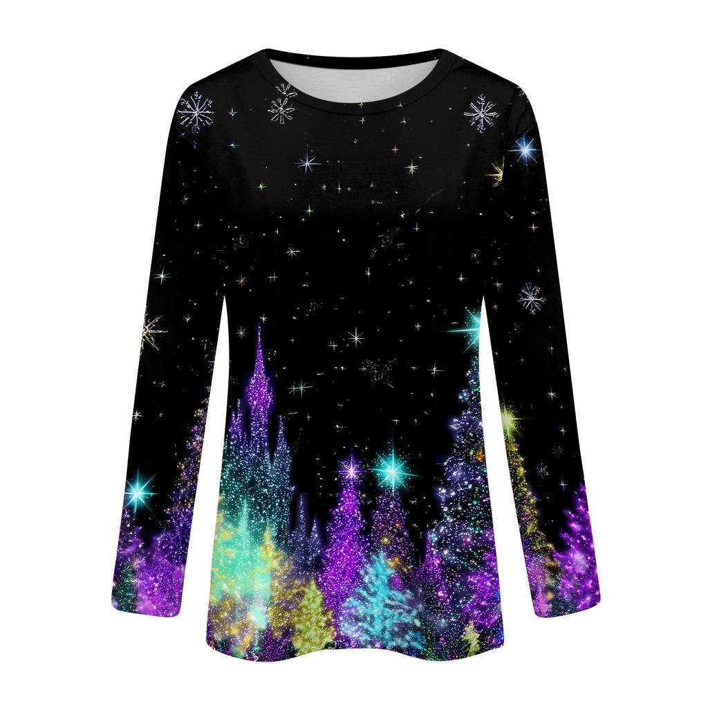Women's Christmas Print Neck Long Sleeve Pullover Top for Holiday
