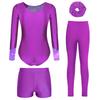 Mädchen Tanz Outfit Langarm Strass Verziert Bedruckt Trikot Shorts Leggings Haargummi Stirnband Gymnastik Auftritt Set