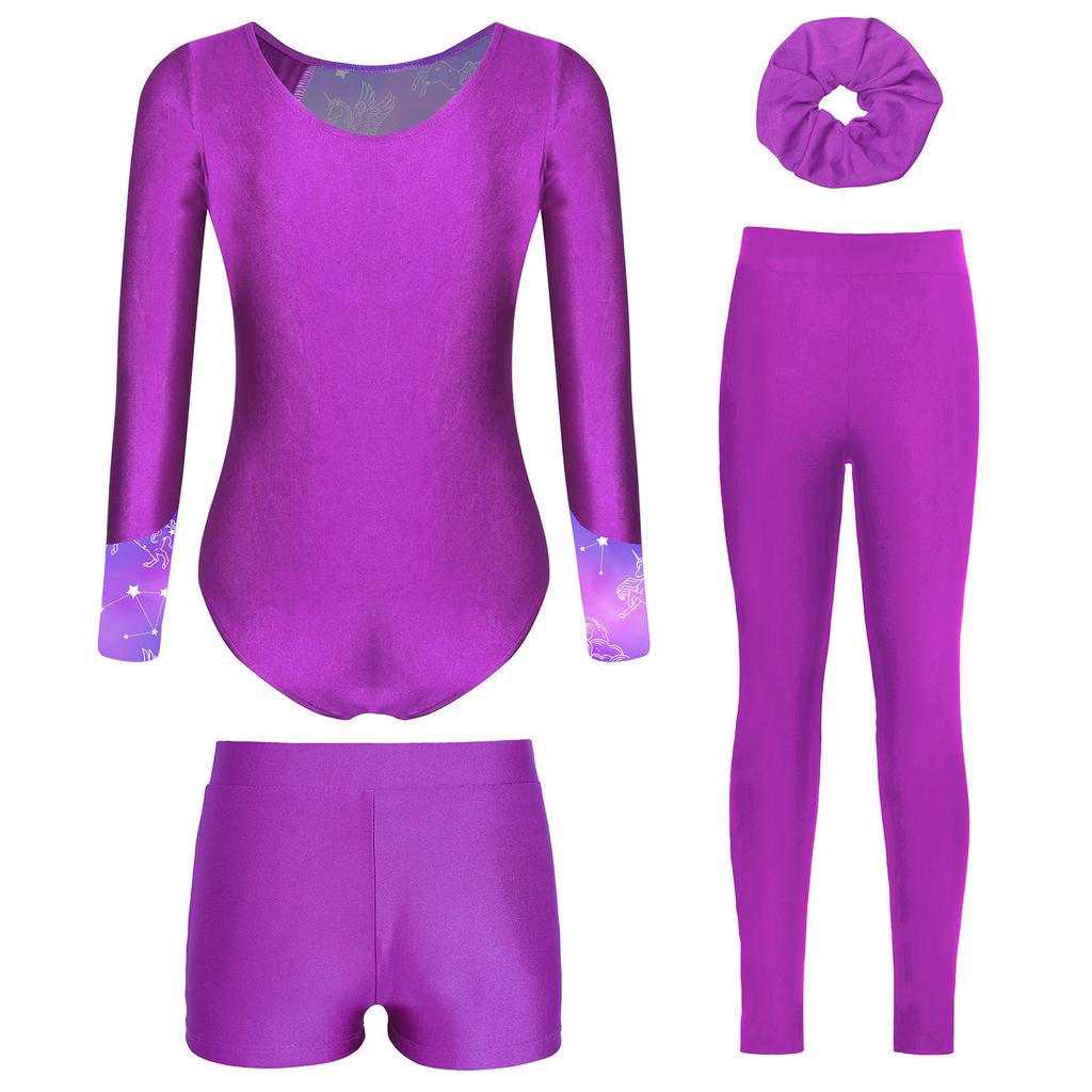 Mädchen Tanz Outfit Langarm Strass Verziert Bedruckt Trikot Shorts Leggings Haargummi Stirnband Gymnastik Auftritt Set