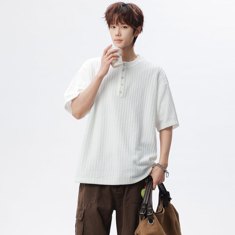 Golden Spear 2026 Summer Unisex Round Neck Hollow Button Half Sleeve T-shirt KF037