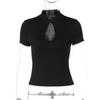 American Fashion Stand Collar Button Hollow Out T-shirt for Women 2026 Sexy Short Sleeve Slim Cropped T Shirts Black Wine Red Tops