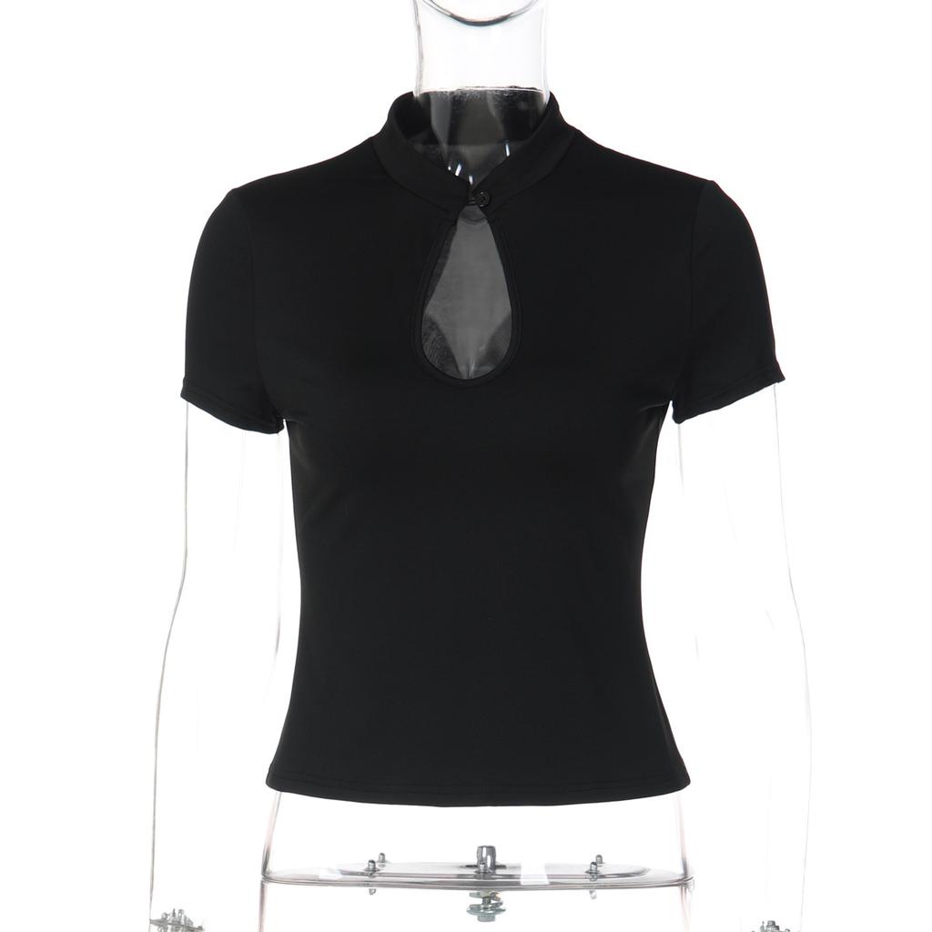 American Fashion Stand Collar Button Hollow Out T-shirt for Women 2026 Sexy Short Sleeve Slim Cropped T Shirts Black Wine Red Tops