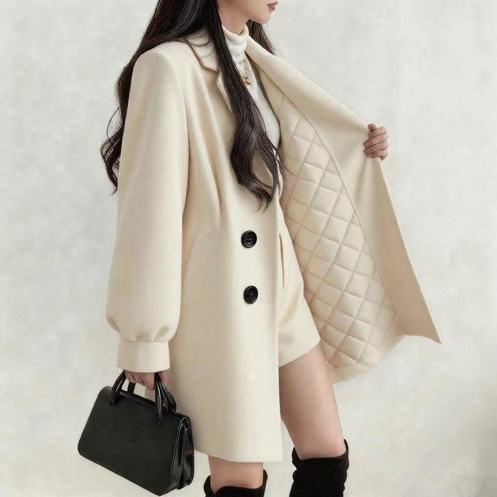 Women's Korean Fashion Lantern Sleeve Woolen Coat Autumn Winter Thickened Warm Casual Loose Medium-Length for Womenc Hepbur...