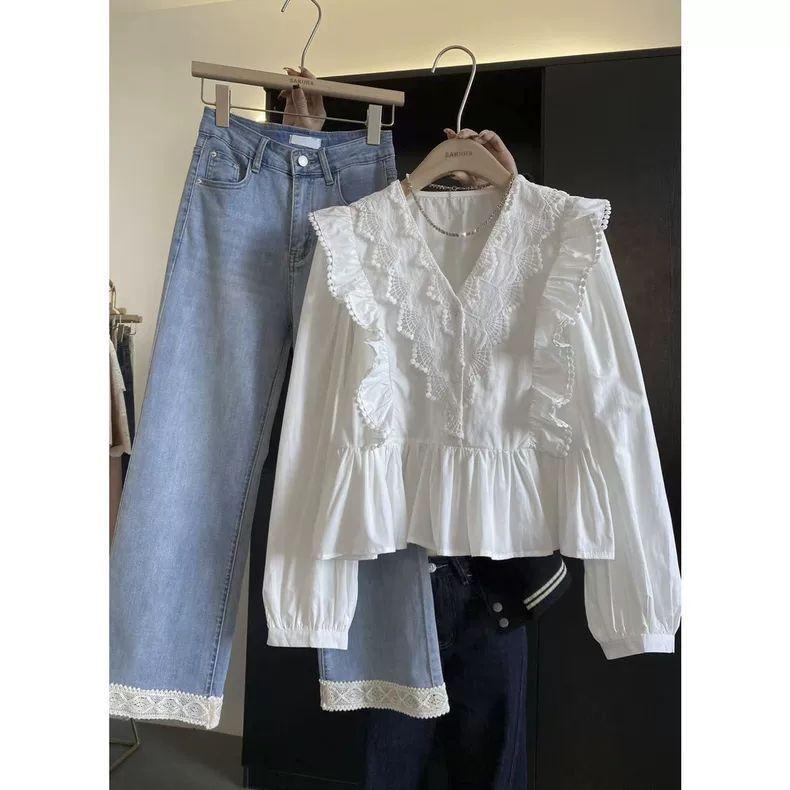 Spring Autumn Women's Casual Solid Colour Lace Patchwork Ruffled Long-Sleeved Top Fashionable Elegance