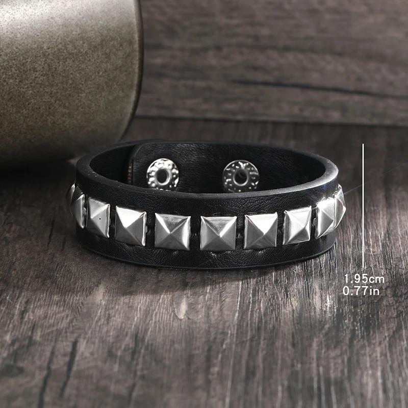 Punk Fashion Men Black Cuff Leather Bracelet Wristband Metal Rivets Stud Charm 80S Wrap Bangle For Women Rock Gothic Jewelry