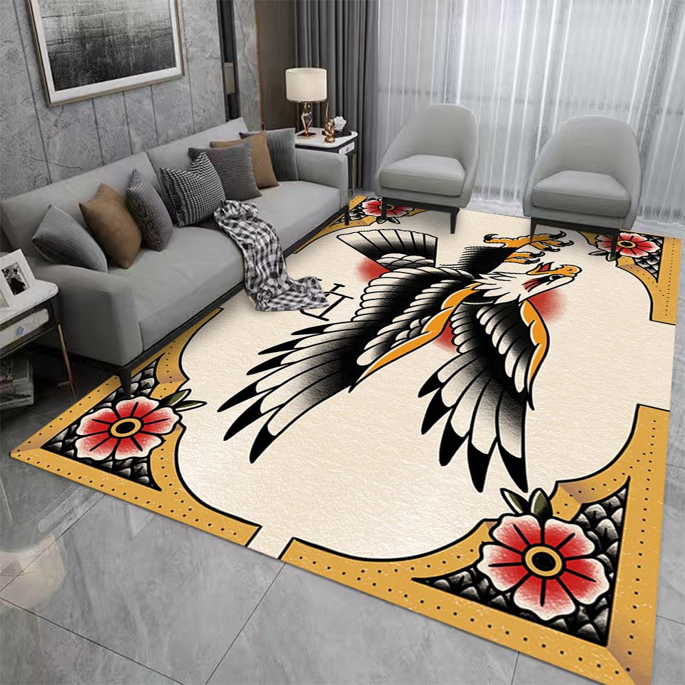 

Eagle Tattoo Square Rug Vibrant Floral Pattern Soft for Living Room Bedroom Warm Decor Eagle Design Home 80*120cm