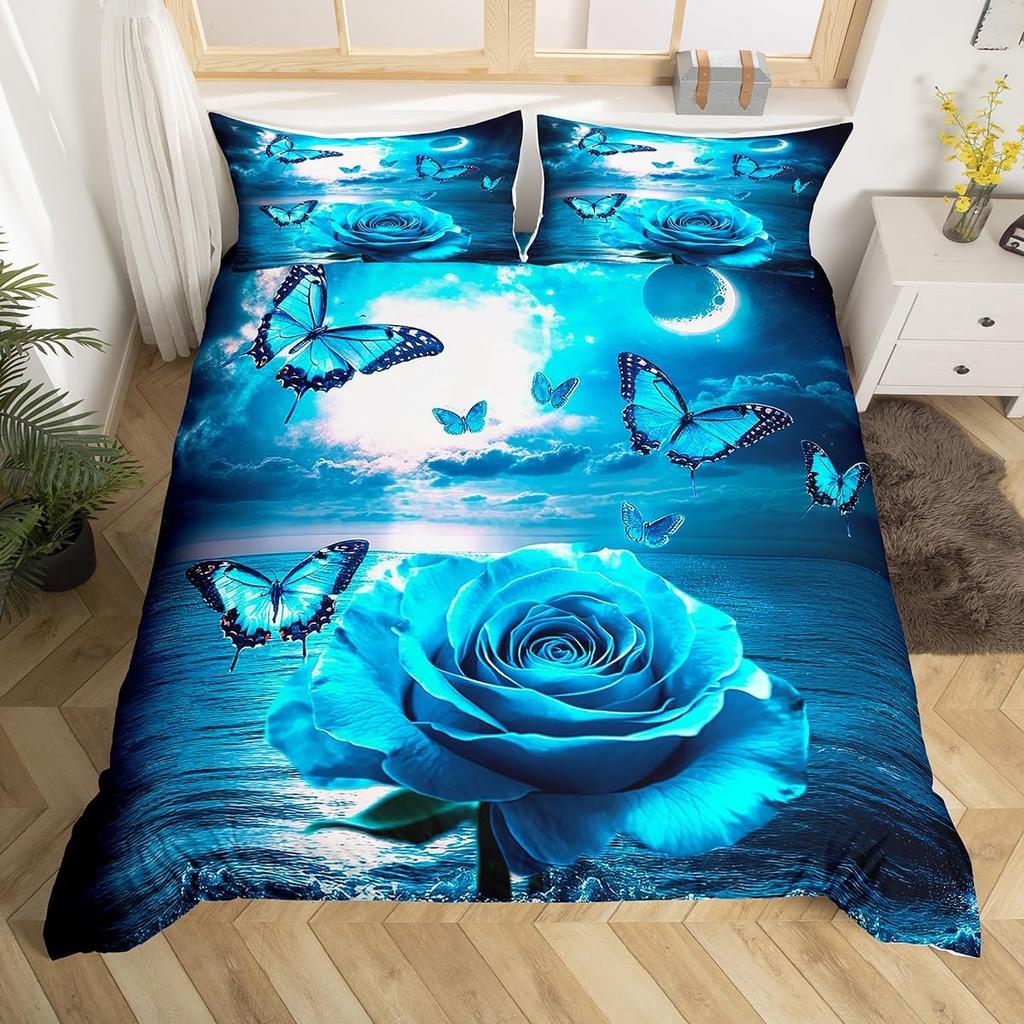 Comforter Butterfly Twin King Romantic Rose Flower Bedding Set 3Pcs For Boys Girls Room Botanical Floral Comforter